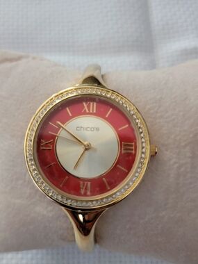 Chico's Gold Watch with Red Dial and Crystal Bezel